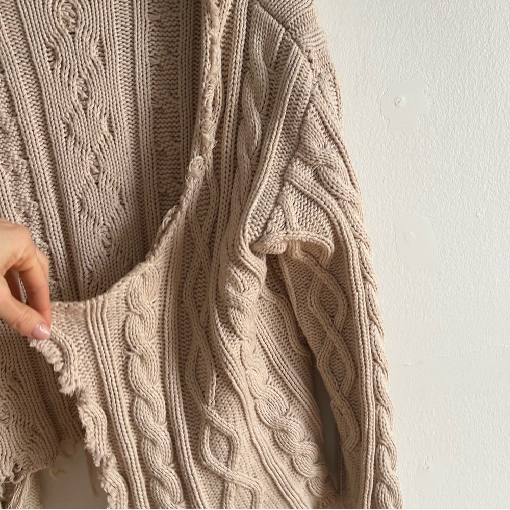 Pistola Sz L Cream Tan Cable Knit Distressed Cascade Cardigan Sweater - Picture 10 of 11